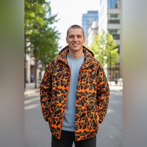 Vintage Maxam Men’s Vinyl Camo Hoodie Hunting Jacket Medium Orange - Picture 1 of 10